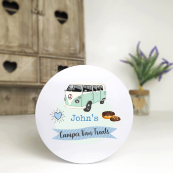 blue camper van treats - white tin