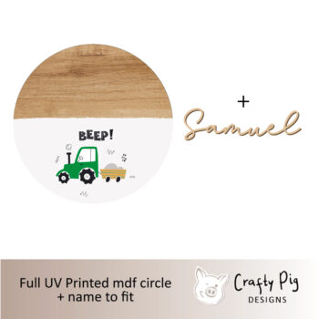 Printed Wood Effect Circle - with Tractor Pattern Design with letter and name