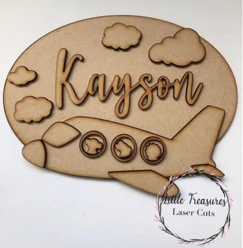 3mm mdf Animals In A Plane Oval Name Plaque