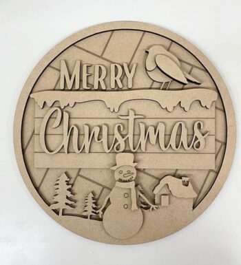 3mm mdf Merry Christmas Circular Plaque with Snowman and Robin