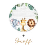 Printed Cute Jungle Animals & White Wood Effect Circle with Name